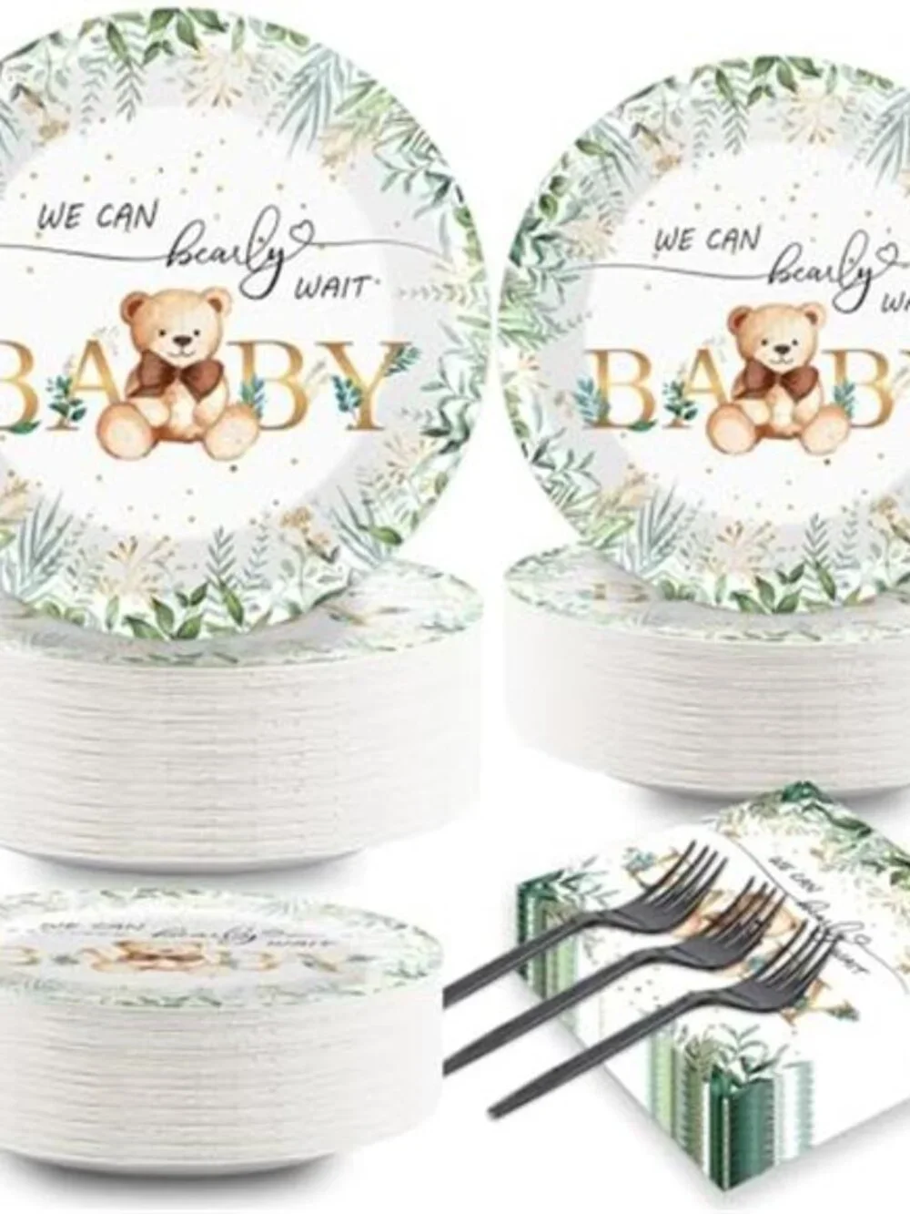 Sage Green Teddy Bear Baby Shower Plates Napkins Forks Party Supplies Set